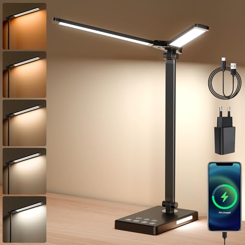 ARTINABS Lámpara de escritorio Led doble cabeza, protección de ojos regulable, 5 niveles de brillo y 5 modos de color, puerto de carga USB, temporizador de 45 minutos, Negro y Amarillo