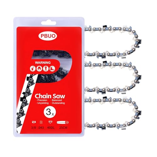 PBUO 10 Inch Chainsaw Chain Replacement 3/8 LP Pitch .043 Gauge 40 Drive Links Fits Ryobi P546 Worx WG322 LCS1020 CMCCS610D1 Semi-Chisel Low-Kickback Design 3 Pack | P-Series