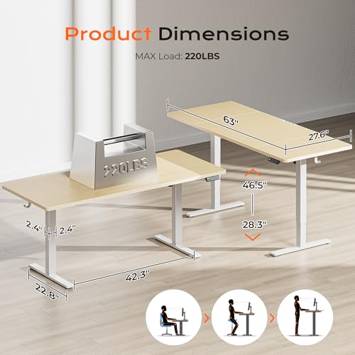 Image of Huuger 63 x 28 Large Electric Standing Desk, Height Adjustable Computer Desk, 27.6 inch Deep Desktop, Stand up Gaming Office Table with 2 Hooks, 3 Preset Heights, for Home Office, Maple