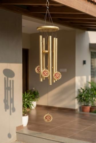 Image of Om Design Metal Wind Chime for Home Decor | Golden Hanging Wind Chimes for Balcony, Garden & Temple | Vastu & Spiritual Decorative Item