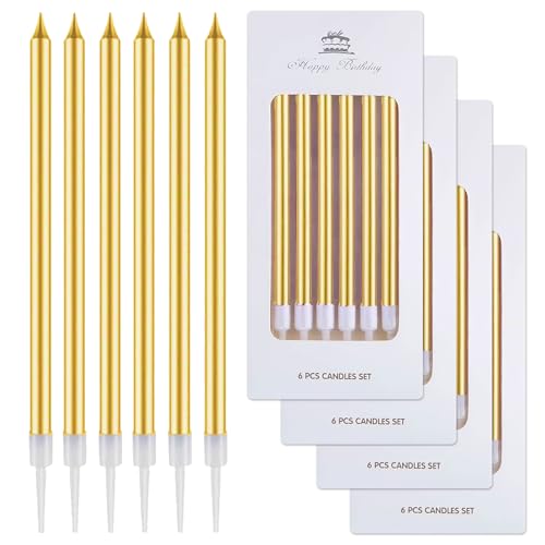 24 Pieces Gold Birthday Cake Candles,Gold Long BirthdayCandles with Holders,Glitter CakeCandles Tall BirthdayCake Candles with Holder for BirthdayWedding Party Decoration