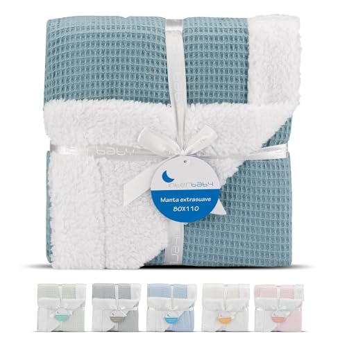Interbaby - Manta Bebe Recien Nacido | Manta Algodon Bebe y Poliéster, Terciopelo, Suave, Cómoda, Cálida | Manta Meses Bebe 80x110cm, para Cunas, Carritos | Nido de Abeja + Borreguillo Petroleo