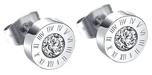 MICGIGI Pendientes redondos de acero inoxidable de 8 mm, con números romanos y circonitas, Acero inoxidable Cover