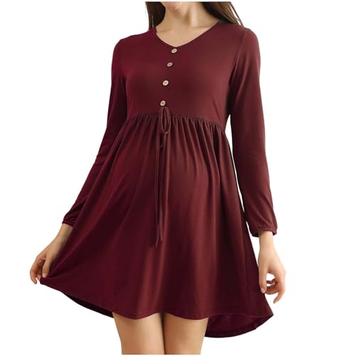 Vestido de Maternidad de Manga Larga para Mujer,Casual Cuello Redondo Botones Vestidos Premama Corto Cintura Alta A Línea Color Sólido Sueltos Cómodo Vestido Embarazo Primavera Verano
