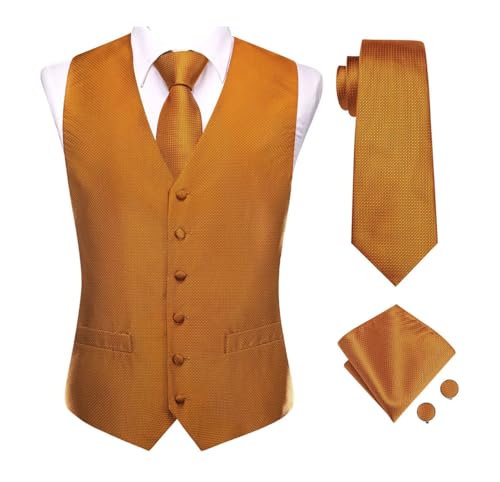Men's Groomsmen Silk Vest Tie Cufflink Set with Pocket Square for Wedding or Formal Event