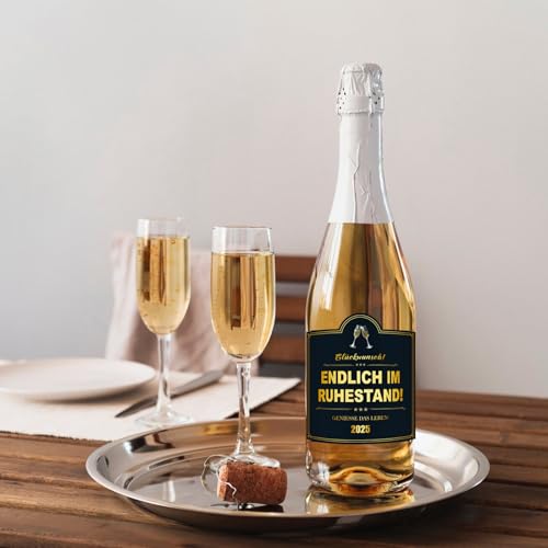 2 Stück Endlich im Ruhestand Flaschenetikett 9,8x9,8cm Flaschenetiketten Weinflaschen Aufkleber selbstklebend Etikett Geschenke für Rentner Party Rente Renteneintritt Pension