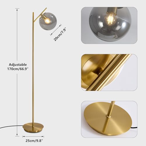 Image of Farmhouse Floor Lamp Retro Smoky Gray Glass Standing Tall Lamps Vintage Brass Freestanding Floor Lamps Adjustable Globe Floor Lamp for Office Bedroom