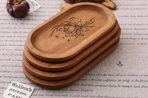 Image of Wooden Jewelry Tray, Oval Shape, L x B x H = 10 x 5 x 0.5 Inch Floral Design, Natural Wood Finish, Organizer for Rings, Necklaces, Earrings And Snacks Serving (lotus 3)