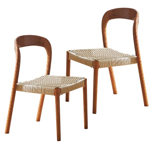 Sillas de comedor tejidas, silla de cocina de madera maciza con cómodo asiento tejido y respaldo curvado, silla lateral apilable sin brazos para sala de estar, comedor, restaurante (juego de 2, negro)