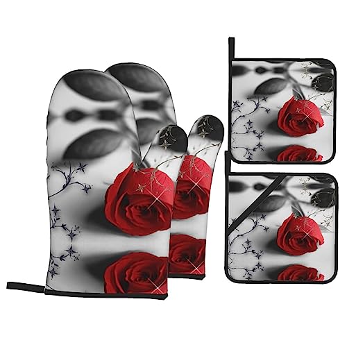 Set di 4 guanti da forno con rose rosse, per barbecue, cottura e cottura