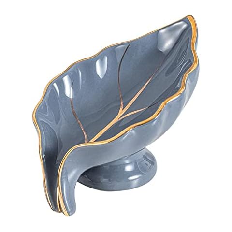 YlobdolY Ceramic Soap Dish with Drain Ruffled Leaf Shape Self Draining Bar Soap Dish Tray Holder with Base for Bathroom Shower Easy to Clean,Gray Cover