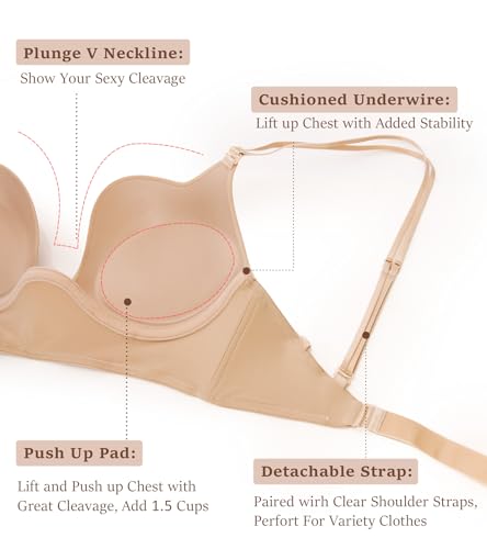 HACI Plunge U Neckline Backless Bra Push Up Deep V Padded Low Cut for Support2