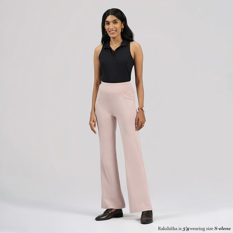 Image of Blissclub AM:PM Cotton Flare Pants for Women Above 5'5 ft Tall | Wide Waistband, 4 Pockets | Bell Bottom Pants and high Waist Trousers for Office wear