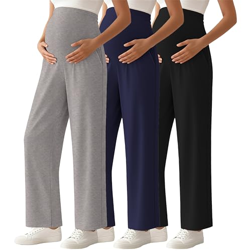 Ecavus 3-Pack Women's Maternity Pants Over Belly Soft Lounge Palazzo