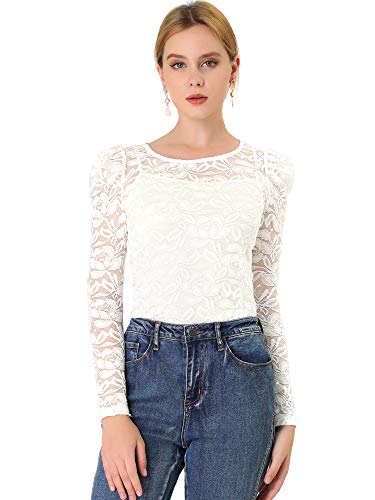 Allegra K Women's Lace Embroidery Semi Sheer Vintage Puff Sleeve Top Large White #TOP2