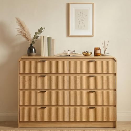 Image of FURSUN Fluted 8 Drawers Dresser for Bedroom, 55 inch Wide Wooden Dresser with Metal Handle, Curved Profile Design, Modern Storage Organizer for Bedroom, Living Room, Hallway, Natural Oak