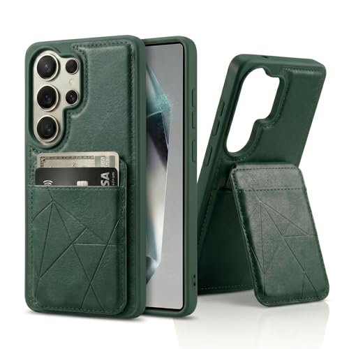 Image of amazon basics Premium Vegan Leather Back Cover with Card Holder and Integrated Mobile Stand for Samsung Galaxy S26 Ultra 5G - Slim Shockproof Wallet Case with Geometric Stitching [Green]