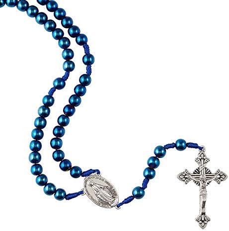 Needzo Rosario con cuentas azules católicas con crucifijo plateado y medalla milagrosa en bolsa de regalo de terciopelo, 15 pulgadas, Hematita