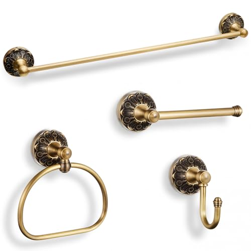 Otoolling 4 Pcs Antique Brass Bathroom Hardware Set, Bathroom Accessories Set, 24 Inch Wall Mounted Bath Towel Bar Toilet Paper Holder Hand Towel Holder Robe Hook for Shower Room Toilet