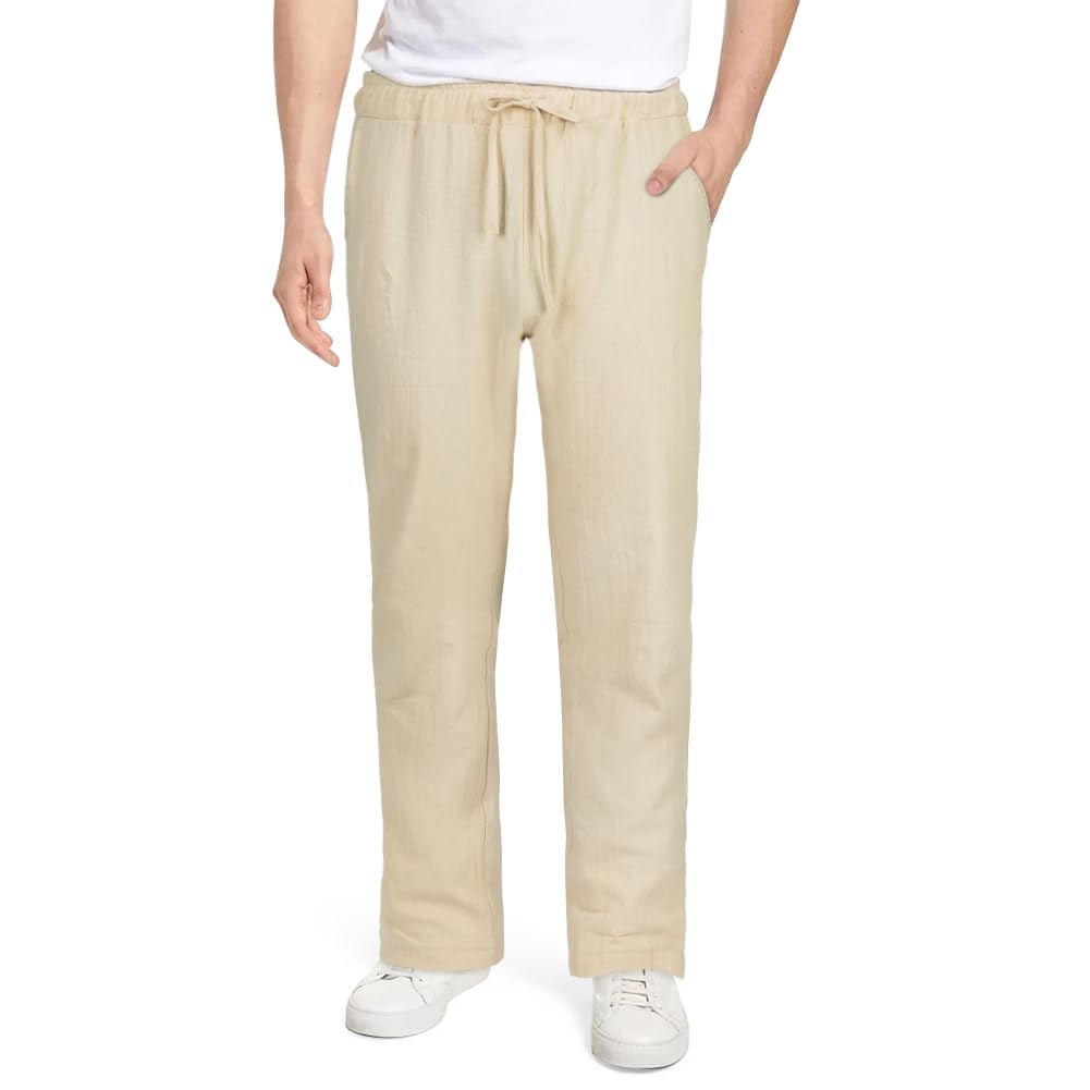 AUYAO Herren Baumwolle Sommerhose Lang Leichte Loosehose mit Taschen Kordelzug für Urlaub Strand Yoga Gehen Alltag - Weißhose Khaki Hosen M~XL
