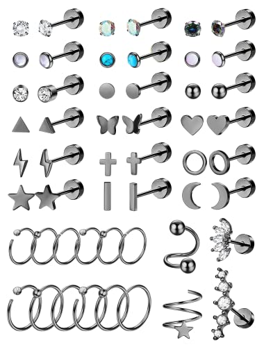 Diamday 52 Paar 20G Chirurgenstah Knorpel Ohrringe Ohrstecker Hoops Ohrringe mit Flachem Rücken für Frauen Männer Herz Schmetterling Stern Multipack Tragus Helix Piercing Schmuck Schwarz Cover