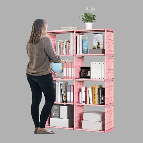 Image of TARKAN Open Book Shelf, Pink Cherry, 8 Compartment Storage Organizer, 85x26x125 cm, Moisture Resistant Fabric with Metal Frame