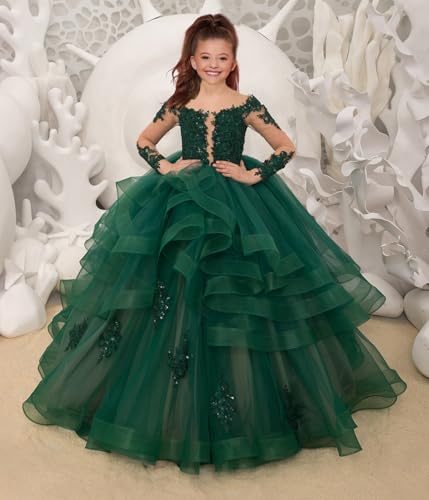 Princess Long Sleeve Flower Girl Dresses Appliques Ruffles Tulle Pageant Dresses for Girls Kids Party Ball Gowns3