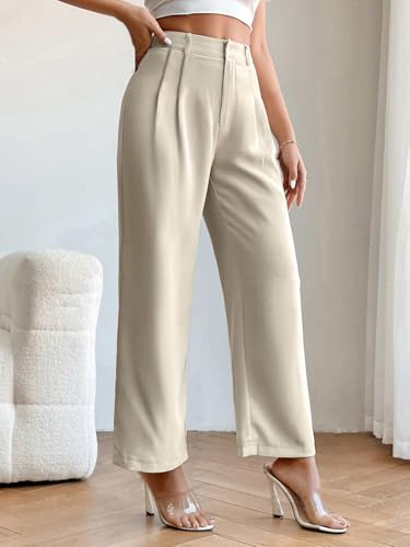 Image of KATECLO Women's Wide Leg Pants | Beige Polyester Trousers | Stylish Korean Clothing | Flared, Straight Fit, Baggy, and Loose Jeggings for Girls and Women