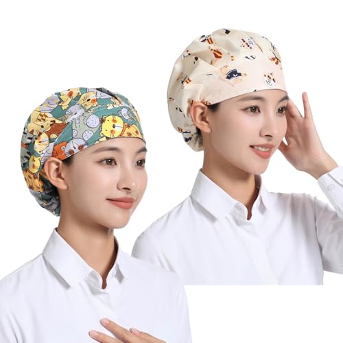 VYNZOR 2 Piezas Gorro Cocina Mujer con Estampado de Osito y Gatito – Gorro de Cocina Ajustable de Algodón PPM, Ligero y Transpirable para Chef y Uso Profesional