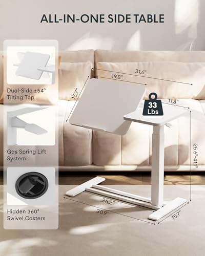 Image of FLEXISPOT Adjustable Height C-Shaped End Table with Split Tilting Top - Mobile Side Table for Sofa & Bedside, Slides Under Furniture, Hidden Wheels for Small Spaces(31.6 inch W x 15.7 inch D,White)