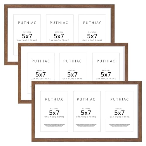 9x18 Oak Wood Picture Frame - 9x18 Photo Frame with Mat Display 3Pcs 5x7 Photos, 5x7 Picture Frame Wood, Natural Solid Wooden Picture Frames for Wall Art Photo and Prints(3 Pack, Walnut)