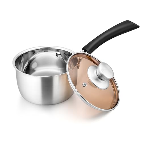 Joyfair Stielkasserolle, 14 cm, 18/10 Edelstahl, Stielkasserolle mit Glasdeckel, Gas/Elektro/Keramik/Halogen, kleiner Milchtopf für Küche, Kochen, Kochen, Schmoren, hitzebeständiger Griff und leicht