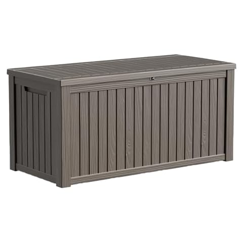 180 Gallon Large Resin Deck Box, Outdoor Lockable Storage Box with Divider for Patio Cushions Storage Furniture, Pool Supplies, Garden Tools, Weatherproof and UV Resistant- Light brown Cover