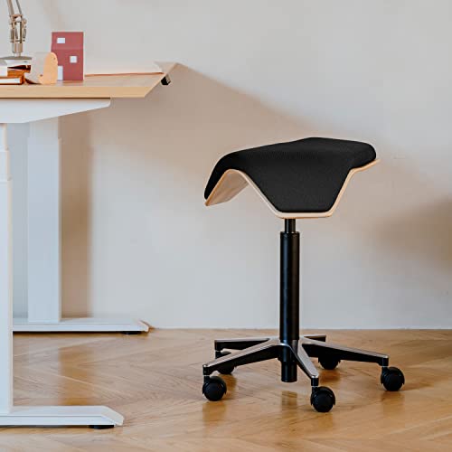 Image of Branch Saddle Chair, Ergonomic Rolling Stool | Birch Plywood Frame and Recycled Seat Fabric, Height Adjustable Saddle Seat for Active Sitting and Better Posture, Black