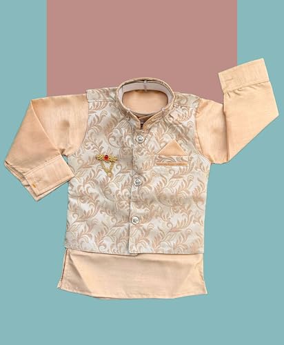 Image of Little Kids Ethnic Wear Kurta Pyjama and Waistcoat Set For Boys | Stylish Ethnic Wear | 3-piece set | Silk and Cotton Blend Fabric