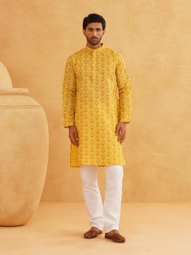 Image of SOJANYA (Since 1958 Men's Cotton Blend Navy Blue & Black Printed Kurta & White Churidar Pyjama Set