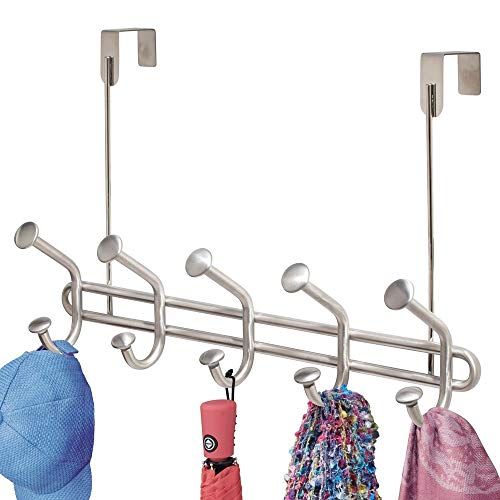 mDesign Decorative Over Door 10 Hook Metal Storage Organizer Rack for Coats, Hoodies, Hats, Scarves, Purses, Leashes, Bath Towels, Robes, Men and Womens Clothing - Brushed