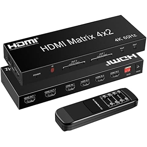 FERRISA 4x2 HDMI Matrix, 4K@60Hz 4 in 2 Out HDMI Switch Splitter with IR Remote, HDMI Matrix Switch + Optical + 3.5mm Audio Output, Support HDMI2.0, HDCP2.2, Auto Downscaler, 3D, Audio Extractor Cover