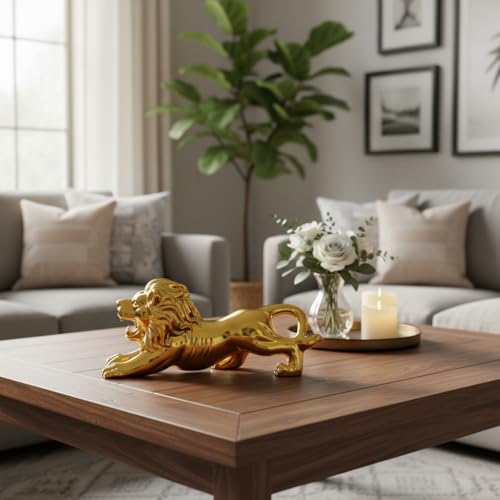 Image of HindCraft Golden Lion Showpiece for Home Decor | Feng Shui Lion Statue for Wealth, Success & Office Table Decoration