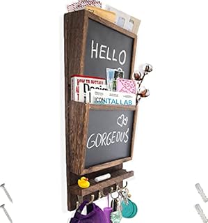 Rustic 2-Slot Mail Sorter Organizer for Wall with Chalkboard Surface & 3 Double Key Hooks - Wooden Wall Mount Mail Holder Organizer  Wall Décor for Entryway made of Paulownia Wood - Rustic Brown