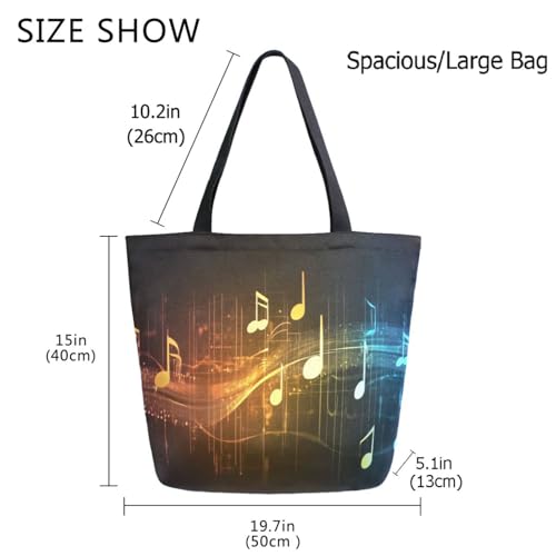 Music Notes on Line Wave Extra Large Canvas Gym Shoulder Tote,Durable Daily Reusable Top Handle Bag for Mens Womens Yoga Weekender Picnic Beach Travel Market Shopping3