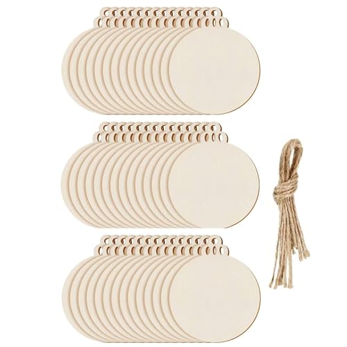 DRERIO 100 Bolas Redondas Madera para Colgar Adornos Navidad, rebanadas Madera en Blanco con Cuerda para decoración del árbol de Navidad, Manualidades