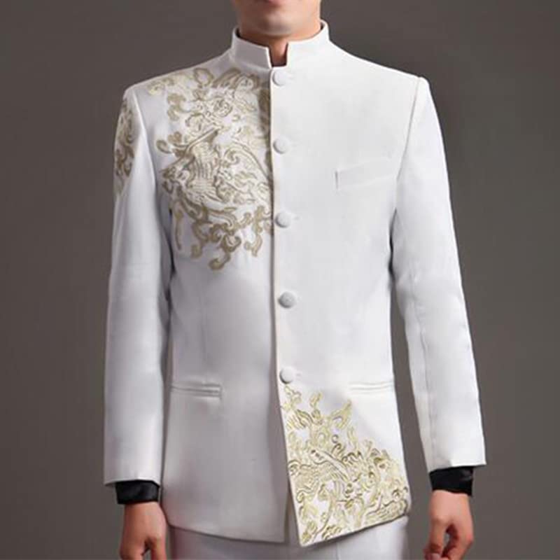 Aoleaky Chinese Style Wedding Jacket Men Embroidery Pattern Tang Tunic Suit Mandarin Stand Collar Red/White 7