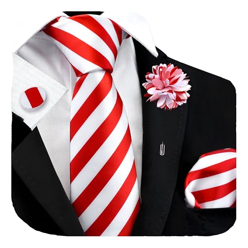 Image of GUSLESON 3.15 inch（8cm） Mens Stripe Tie and Lapel Pin Necktie Hankerchief Cufflinks Set for Men