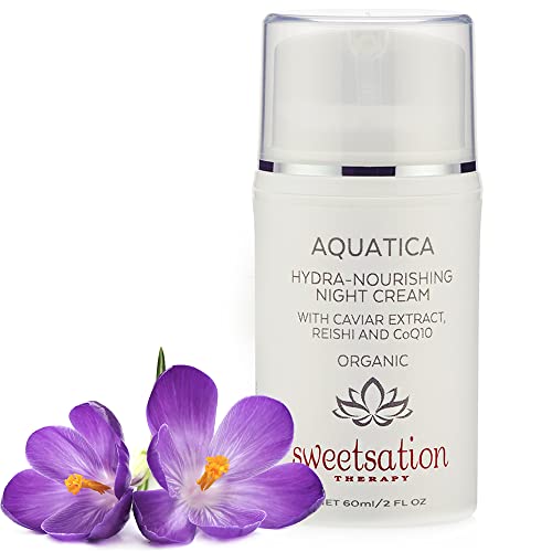 Sweetsation Therapy / YUNASENCE AQUATICA Organic Botanical Nourishing Anti-Aging Night Cream Moisturizer with nourishing Caviar Extract, Reishi, hydrating Sea Kelp, Spirulina, Cucumber, CoQ10, Calendula 2oz. Soothing, renewing, replenishing.