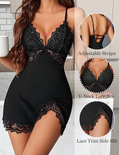 Image of Avidlove Women's Lingerie Lace Nightgown Babydoll Modal Chemise Spaghetti Strap Sleepwear Sexy Slip Side Nightwear