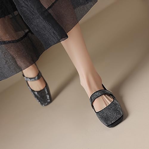 SHODENSE Women Vintage Rhinestone Flats Square Toe Mary Jane Flats Ankle Strap Glitter Ballet Flats Hook & Loop Flat Heel Dress Shoes Sparkly Ladies Girl Office Work Wedding Party Flat Shoes 4-11 M US 5