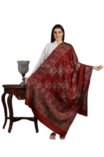 Haute-Red Jamawar Wool Shawl From Amritsar With Aari Embroidery and Paisley - Wool