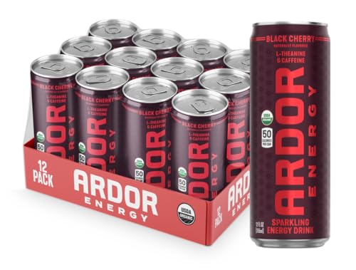 ARDOR ENERGY Natural Sparkling Energy Drink with 100mg Natural Caffeine & 200mg L-Theanine from Organic Green Tea for Smooth Energy & Focus | Healthy Energy Drink | Made with Real Fruit Juice | No Artificial Sweeteners, Just 50 calories, Vegan, Gluten-Free (12 fl oz, pack of 12, Black Cherry)