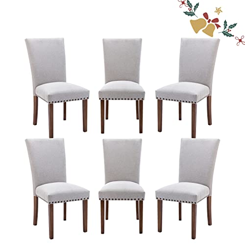 Image of Parsons Dining Chairs Set of 6, Upholstered Nailhead Dining Room Kitchen Side Chair with Thick Cushions and Wood Legs, Light Grey